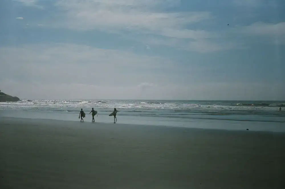 Grupo de estudiantes de surf caminando hacia el agua con sus tablas